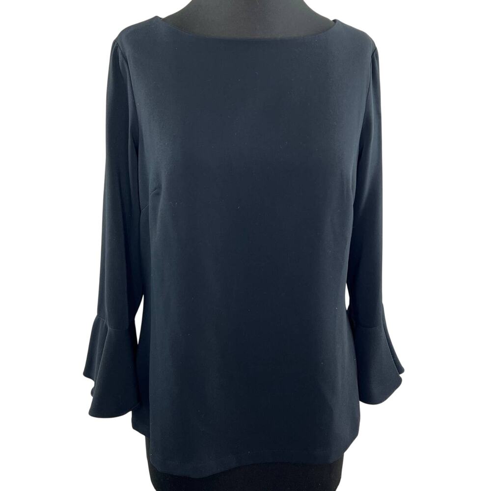 STS Sail to Sable Black Crepe Crew Neck Long Bell Sleeve Back Zip Blouse Top M